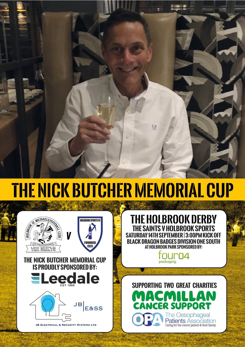 Please come down and support this local derby between two local teams in memory of a fantastic guy and to raise money for some great charities.

Next Saturday (14th September) 3:00pm kickoff. BBQ and bar on the day. #UpTheSaints

<a href="/holbrooksports/">Holbrook Sports FC</a> @CentralMidFL <a href="/DerbyshireFA/">Derbyshire FA</a>