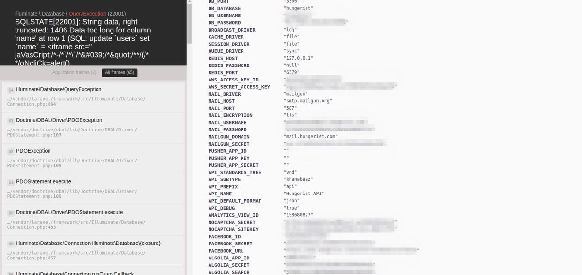 Savitar0x01's tweet image. #bugbountytip While testing a Laravel site try injecting different kinds of payloads or change Request methods to GET&amp;gt;POST or POST&amp;gt;GET. this will result in Laravel exception handler error Disclosing AWS, Database, and SMTP Credentials.