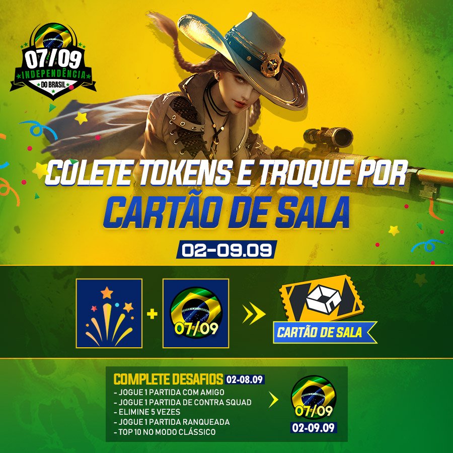 FreeFireBR's tweet image. 🇧🇷🇧🇷 COLETE TOKENS DA INDEPENDÊNCIA 🇧🇷🇧🇷 

Troque por cartão de sala personalizada e vários outros prêmios (mas eu quero mesmo é o cartão) 😁