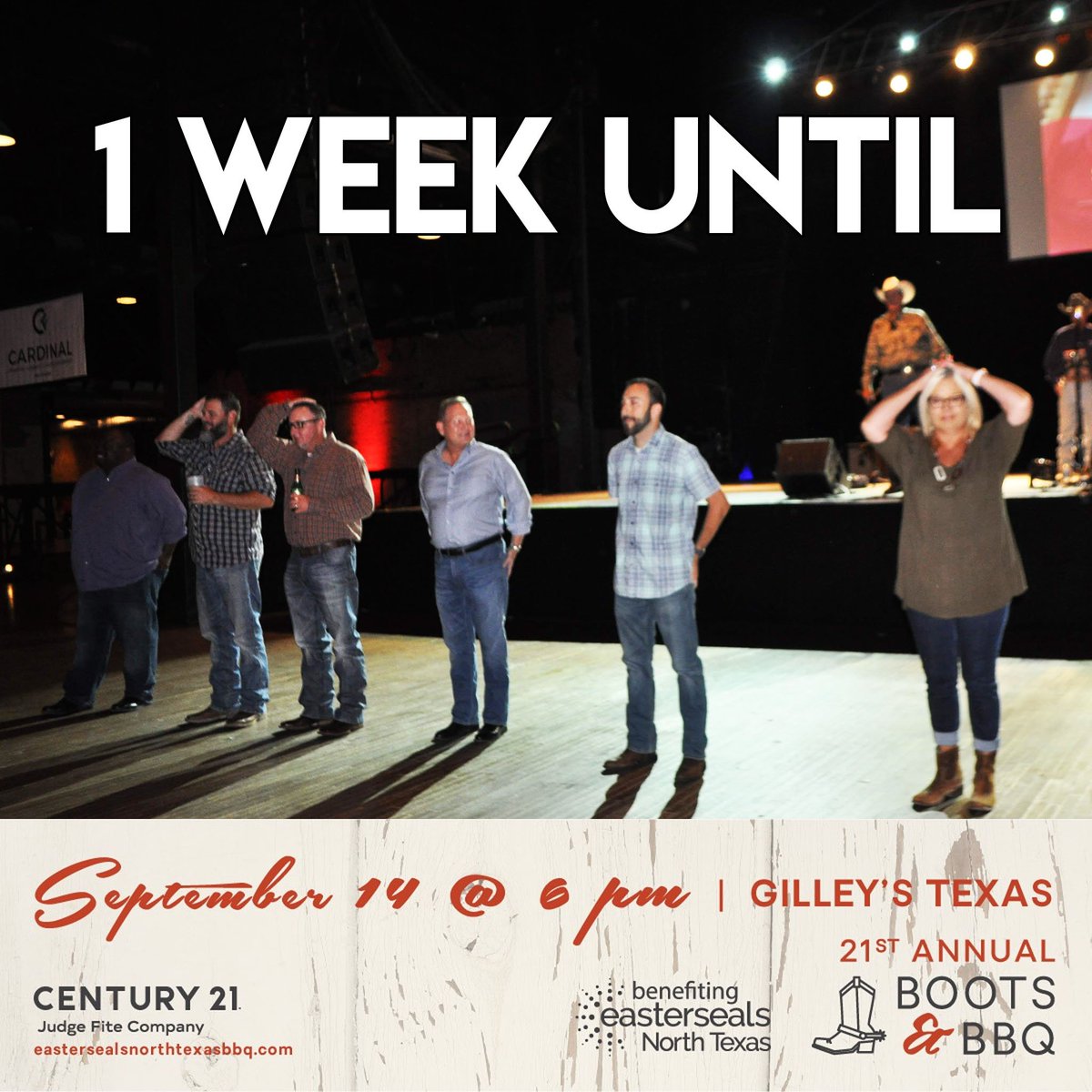 1 WEEK until we host our 21st Annual Boots, BBQ &amp; Casino! This year's Presenting Sponsor is <a href="/CardFinancial/">CardinalFinancial</a> and our Cocktail Sponsor is <a href="/SQVConstruction/">SQV Construction</a>. Come out for a fun night at <a href="/gilleysdallas/">Gilley's Dallas</a> &amp; suuport a good cause!

Click Here for Tickets: e.givesmart.com/events/dHS/