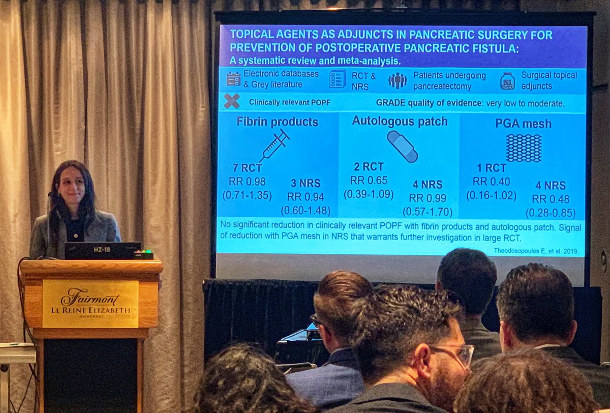 HalletJulie's tweet photo. Evangelia Theodosopoulos from @UofTSurgery presenting summary of evidence on topical adjuncts to prevent #POPF
Limited efficacy and quality of evidence.
Where evidence lacks 🔜 🇨🇦 expert statement on intervention to prevent POPF - stay tuned!
#2019CSF #CHPBA @CAGS_ACCG https://t.co/hOKjldDgzB