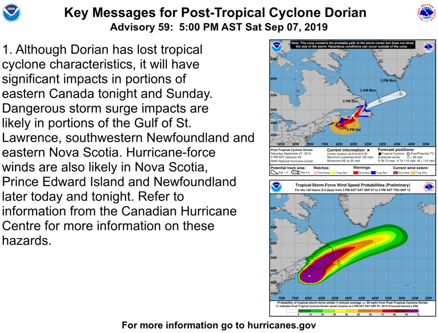 Here is the Key Message for #Dorian in the 5 pm EDT Sept 7 advisory.  Note that while Dorian has become post-tropical, significant wind and storm surge impacts are still likely for portions of eastern Canada.  More: hurricanes.gov or weather.gc.ca/hurricane/trac…