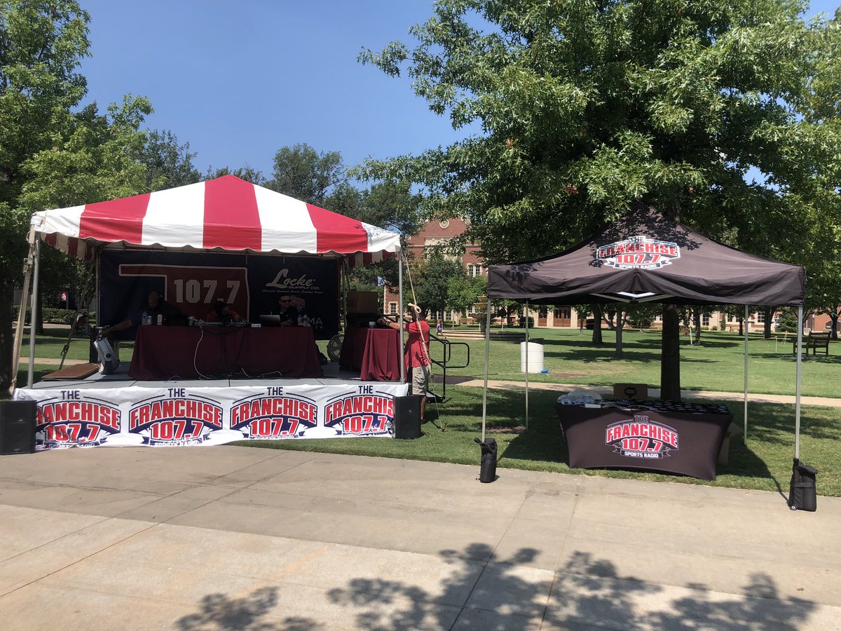 PTalbot_TV's tweet photo. Come check out the #MMMRanch and The @FranchiseOK at the #PartyAtThePalace @ the NW corner of the north Endzone! 

Giving away merchandise!! 

@AllmericanMayes @MrDavis1077 @Colby_Daniels https://t.co/7mRzXCO1Rf