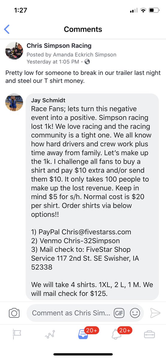 SimpsonTeach's tweet photo. Wow, @TeamSimpson32 race fans are truly the best! Many people have heard by now that our race trailer got broken into and our T-shirt money was stolen. One fan came to us with a plan and we were blown away with his generosity. #StillGoodInTheWorld https://t.co/TrNOfi9NAo