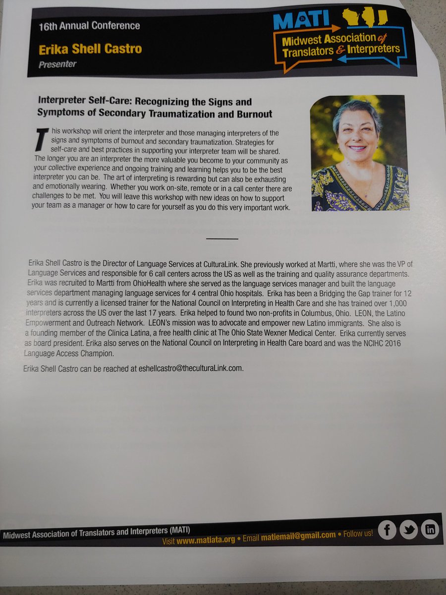 RosalesErin's tweet photo. Focusing on interpreter self-care with Erika Shell Castro at #MATI2019 https://t.co/cebYi0y7bE