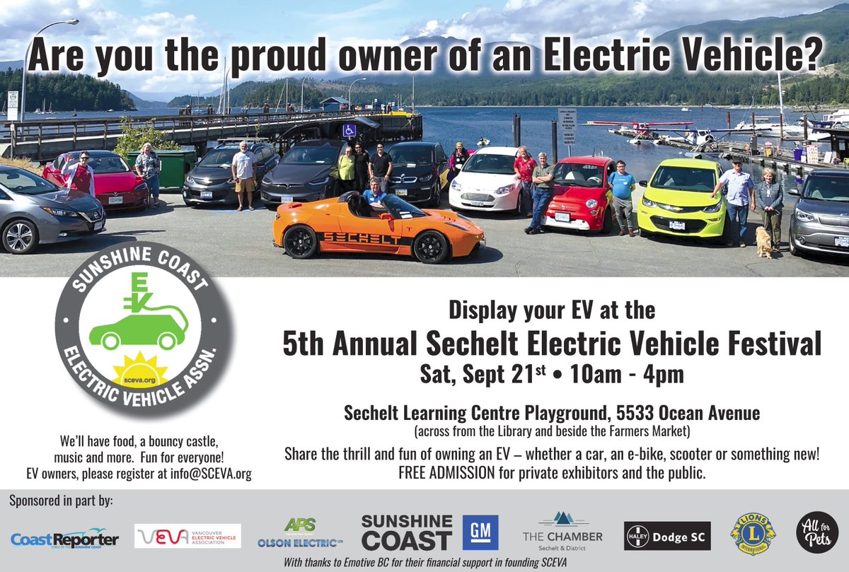 SunshineCoastEV's tweet photo. #EVENTS: 10-4pm, Sat Sept 21st 2019 Sechelt Electric Vehicle Festival #EVfest. Presented by Sunshine Coast Electric Vehicle Association.  MORE INFO at https://t.co/ifmZUcExES https://t.co/hCRG6LbpOj