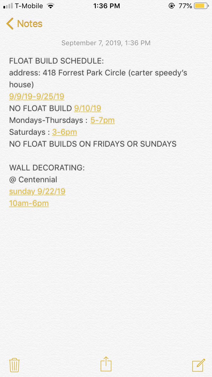 CHSclass0f2020's tweet photo. SENIOR FLOAT BUILD SCHEDULE!!
@ 418 Forrest Park Circle. plz come and help make our float look great this year!!🥳🏠  #hoco2019 https://t.co/6Z9ZOEt4Pr