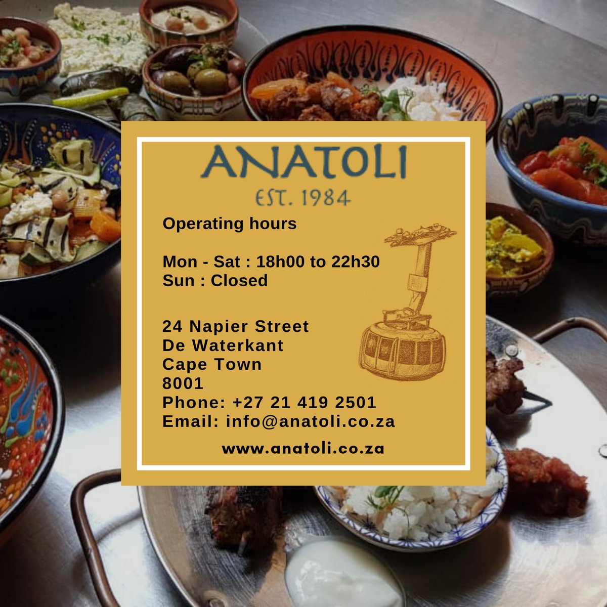AnatoliTurkish's tweet photo. The table is set and awaiting your choice.

Reservations essential:
☎️ 021 419 2501
📧 info@anatoli.co.za
🌐 Visit our website: https://t.co/2FfNMnolZb for our menu 

#anatoliturkishrestaurant #turkishcuisine #bellydance #CapeTown #dewaterkant #eatingout #wineanddine #anatoli https://t.co/lJjLLKEy46