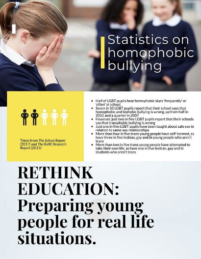 RethinkEducati2's tweet photo. Did you know that according to The School Report (2017), half of LGBT pupils hear homophobic slurs 'frequently' or 'often' at school? Rethink Education supports the 2020 regulation which means it will be compulsory to teach primary school children about ALL families https://t.co/yIC0RQ2e3q