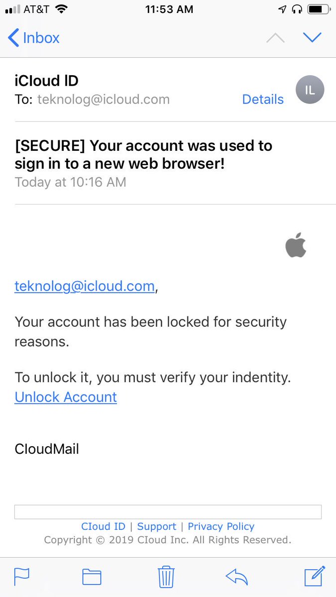 teknolog's tweet photo. PSA: I just got this phishing attempt delivered to my iCloud email. https://t.co/C3NdzhoBiF
