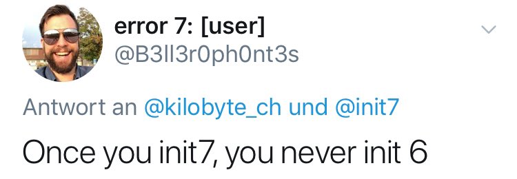 fiber7_ch's tweet photo. «Once you init7, you‘ll never init 6» 😎 ...thank you @B3ll3r0ph0nt3s! This is actually our aim, to be and remain the provider of choice!
20 years ago, we were inspired by runlevels and decided to try to be one #runlevel above - as #Init7. #SecretResolved https://t.co/FMWSap7JoI https://t.co/E241Z3OD8a