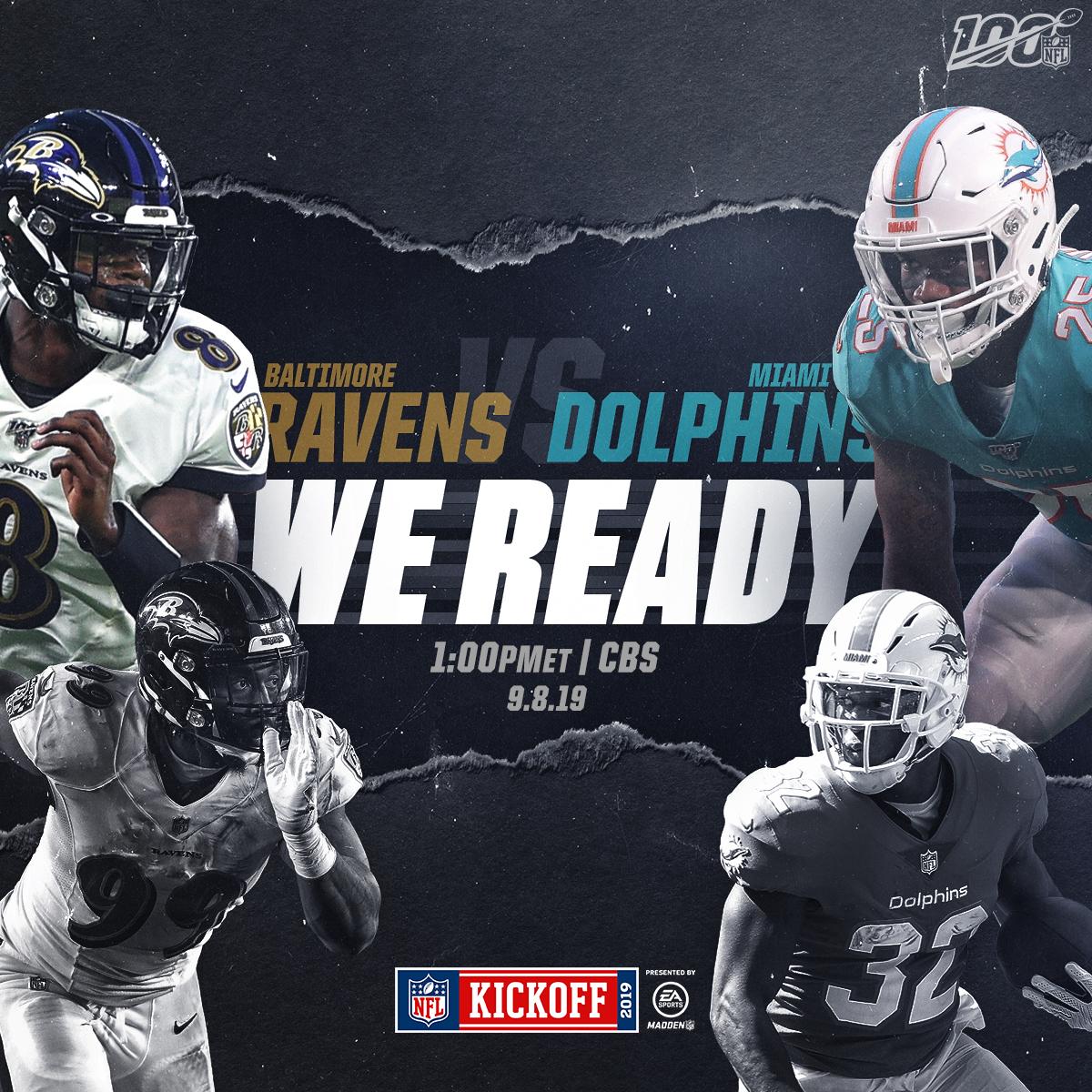 NFL's tweet photo. Ravens. 'Phins.
Let's go.

📺: #BALvsMIA -- TOMORROW at 1 p.m. ET on @CBS 
📱: NFL app/ Yahoo Sports app https://t.co/d4C2KklzvZ