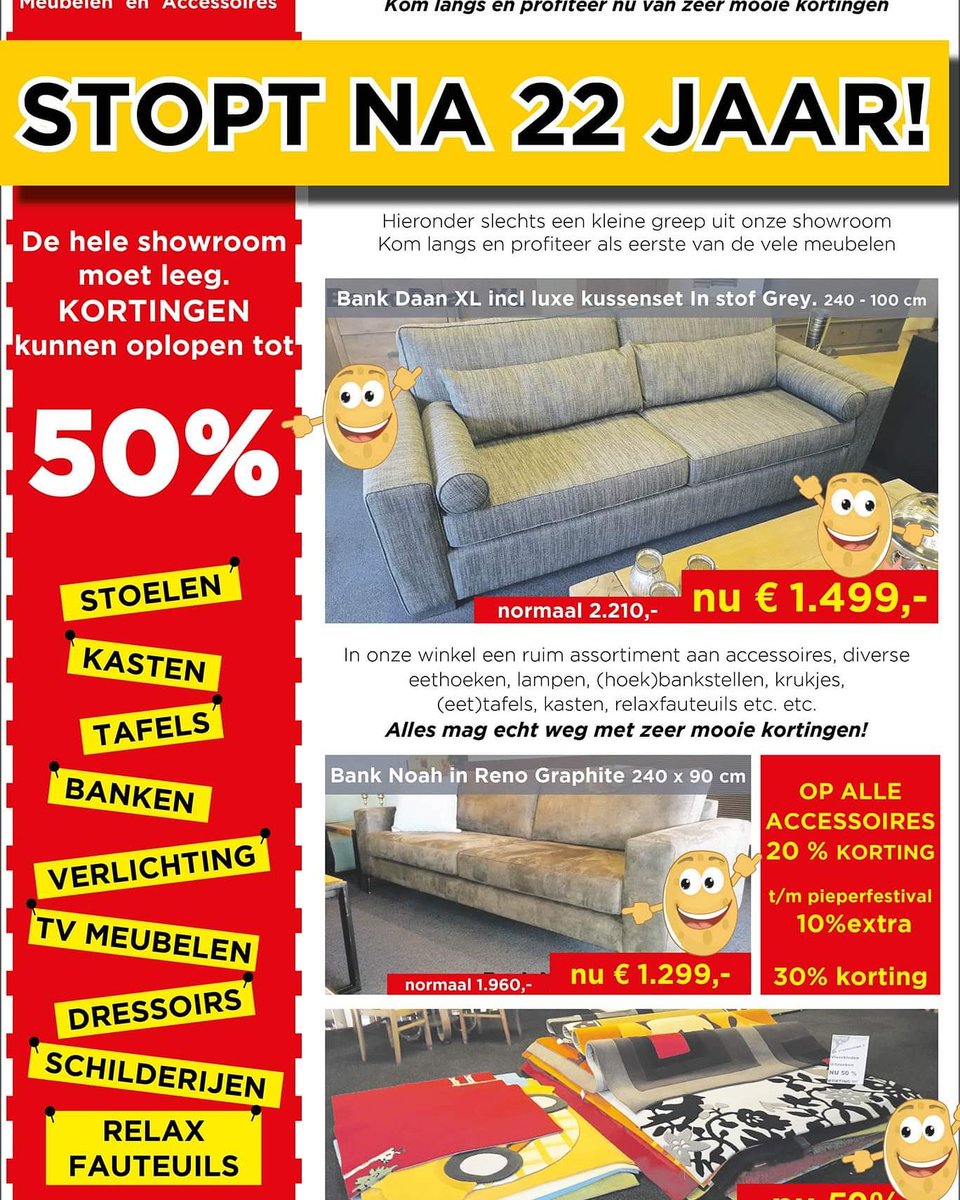 TOTALE LEEGVERKOOP !!!!!!!!!
OP = OP
ALLES MOET WEG
Kom voor mooie aanbiedingen naar de winkel 
en sla uw slag.
