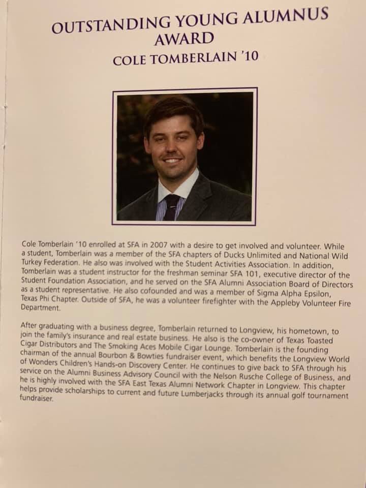 Congrats and Phi Alpha to ΣΑΕ Texas Phi alum, Cole Tomberlain (class of ‘10) on being awarded the SFA Outstanding Young Alumnus Award!