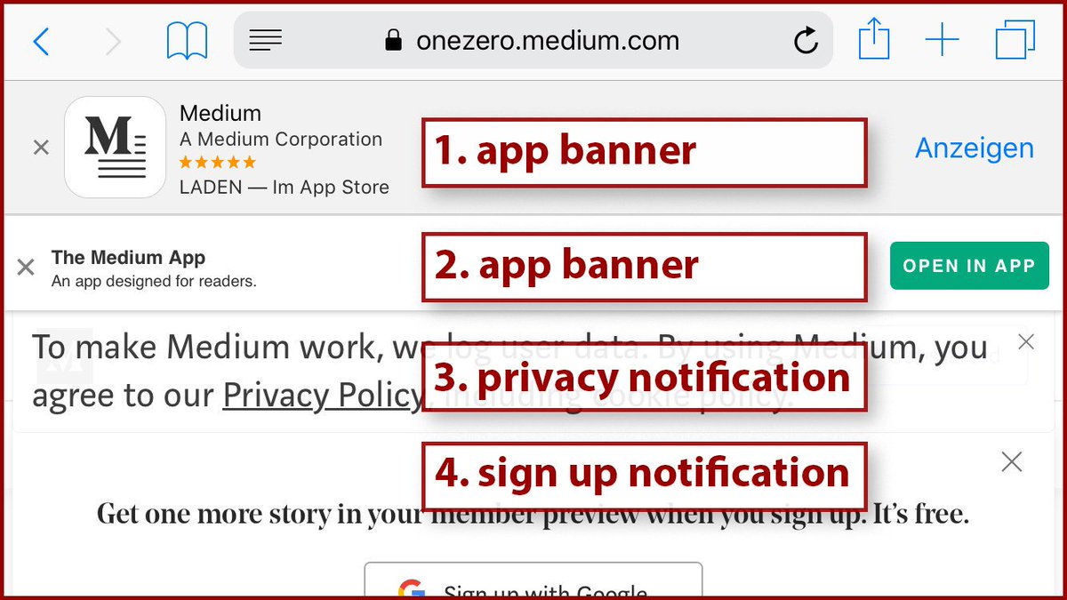 HolgerWaedt's tweet photo. The sorry state of mobile browsing in 2019: 
Cluttered with notifications and ads. 

1.  app banner
2.  app banner
3.  privacy notification
4.  sign-up notification

The world is said to get better every year. 
This is certainly not to true for the browsing experience ... https://t.co/ELmgAjiSal