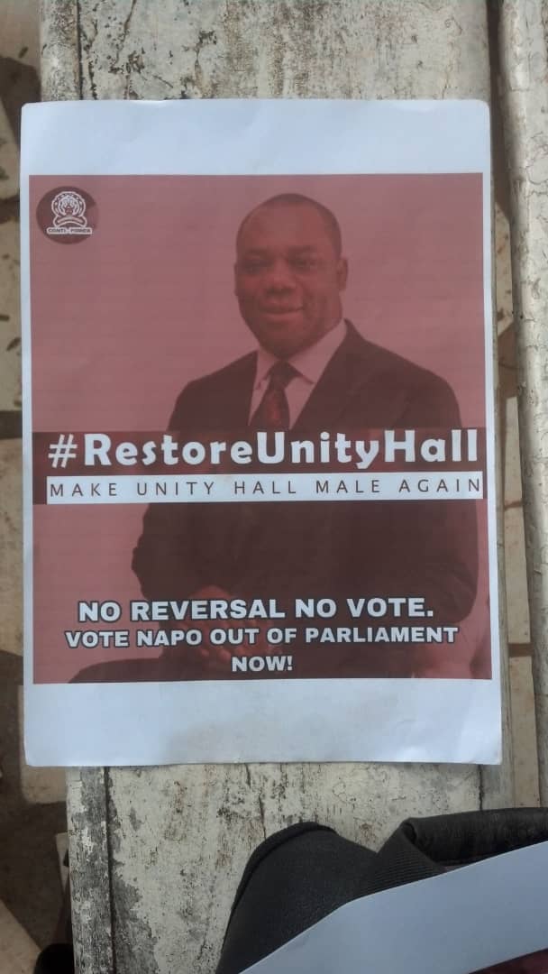 gyampa_radio's tweet photo. No Reversal No Vote.
Affiliates of the Unity Hall threaten to vote out Hon. Mattew O. Prempeh, the Minister of Education if the Hall is not reversed to male only. This was known after a flyer with a bold hast tag caption which reads; #ReverseUnityHall, dropped on Social media. https://t.co/xNIYQLqWTw