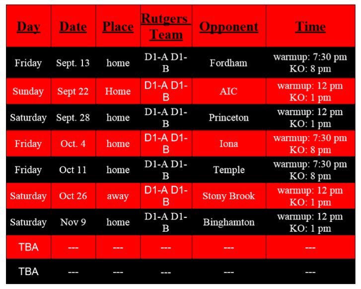 Fall schedule is out!! First match at HOME against Fordham Sept. 13 <a href="/8pm/">8pm</a>
Come show support we’d love to see you out there!