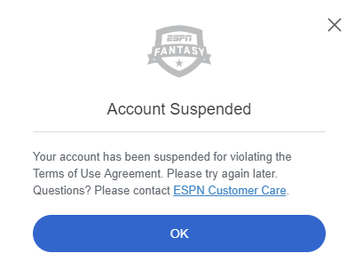 NetWorthData's tweet photo. @espnfansupport I just tried to log in to set my lineups for tomorrow's games, and I got a message indicating my account is suspended. I'm not aware of breaking any rules. Can you help me? https://t.co/Lpncbdu8WC