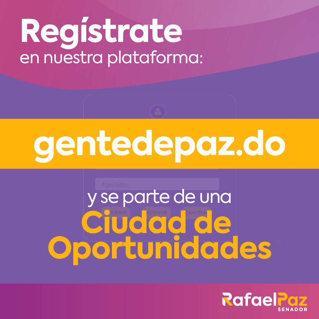 Si votas en el Distrito Nacional y te identificas con @rafaelpaz220 te invitamos  a registrarte en nuestra plataforma:

gentedepaz.do

Construyamos juntos una #CiudadDeOportunidades 

#RafaelPazSenador 
#ElJuegoCambió pic.twitter.com/NVVAk5az8D