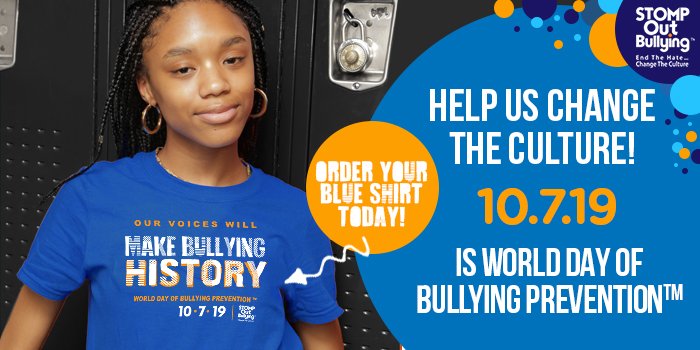 STOMPOutBullyng's tweet photo. Are you ready to #BLUEUP for #WorldDayofBullyingPrevention on 10.7.19? Shirts are selling out fast! Make sure you don't miss out on our 2019 limited blue T: https://t.co/WYaFmwGXnD  #BullyingPreventionMonth https://t.co/7rKXU6beXs