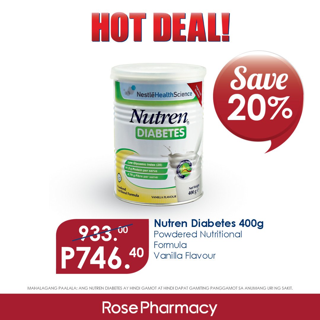 ROSEPHARMACYInc's tweet photo. Nutren Diabetes is NOW 20% OFF! Get this specially formulated, nutritionally balanced diet in 400g for ONLY PHP746.40 at any Rose Pharmacy branch nationwide or purchase online at https://t.co/pzGkhIYlFH https://t.co/wI3ed1ArXy