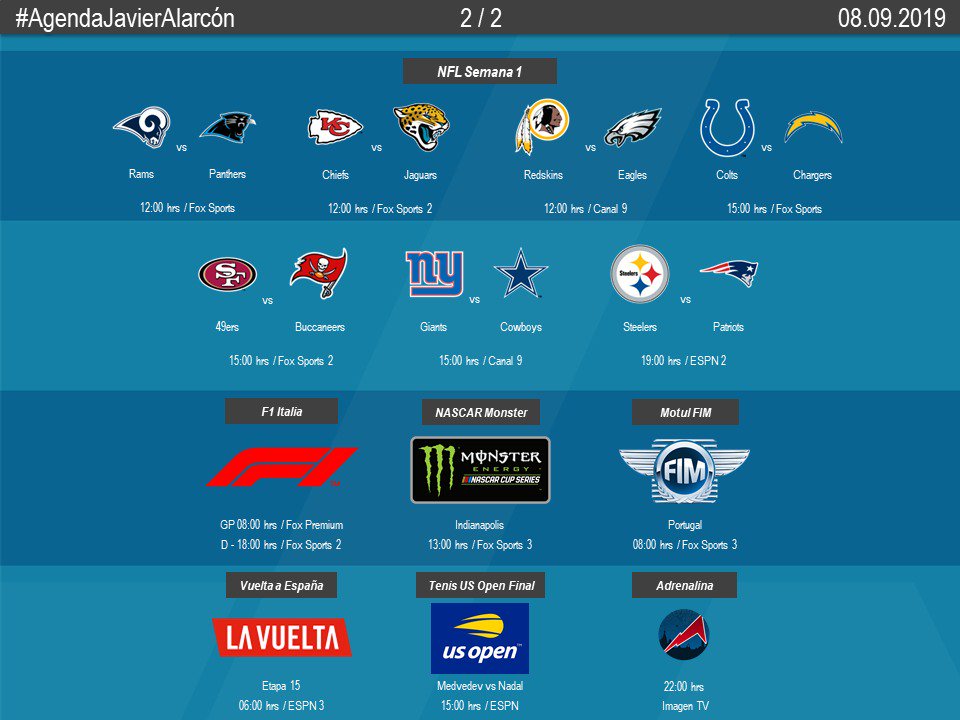 #AgendaJavierAlarcón | #EURO2020 #CNL #FIBAWC #MLB #LMB #ItalianGP #F1 #NASCAR #NFL100 #USOpen #LaVuelta19 #Adrenalina