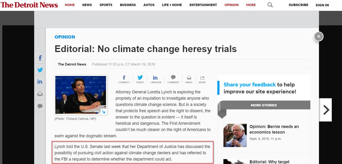 ...a 40 year period. It doesn't stop there. Attorney General Loretta Lynch announced in a Senate committee in 2016 that discussions had taken place within the DOJ about pursuing civil action again "climate change deniers". Where are the liberals? They certainly aren't...