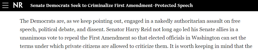 ...in the Democratic Party. Let's not forget that in 2014 Democrat Senators, led by Senator Harry Reid, tried to rewrite the First Amendment.