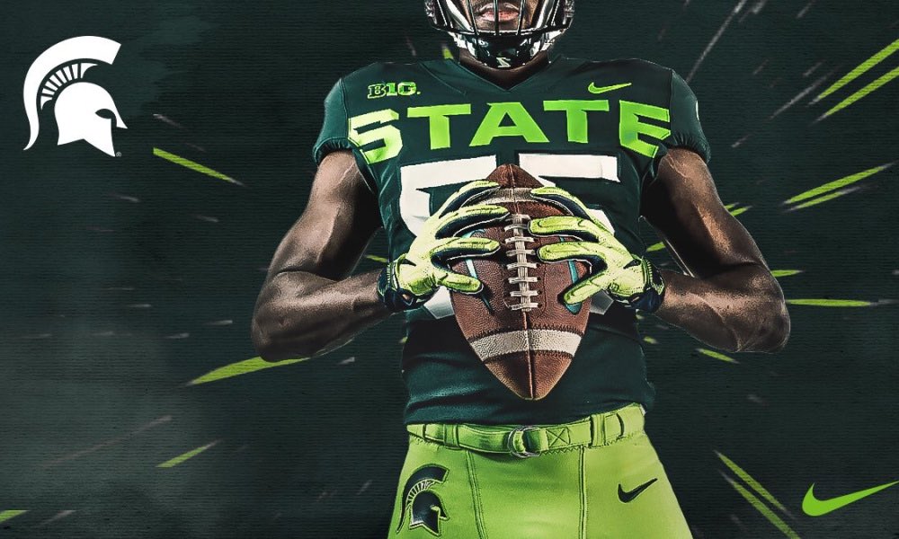 ryanschram's tweet photo. The nation’s most-embarrassing special jerseys are brought to you by @GFLenv... @MSU_Football #MSUvsWMU https://t.co/CbJSxL63VA