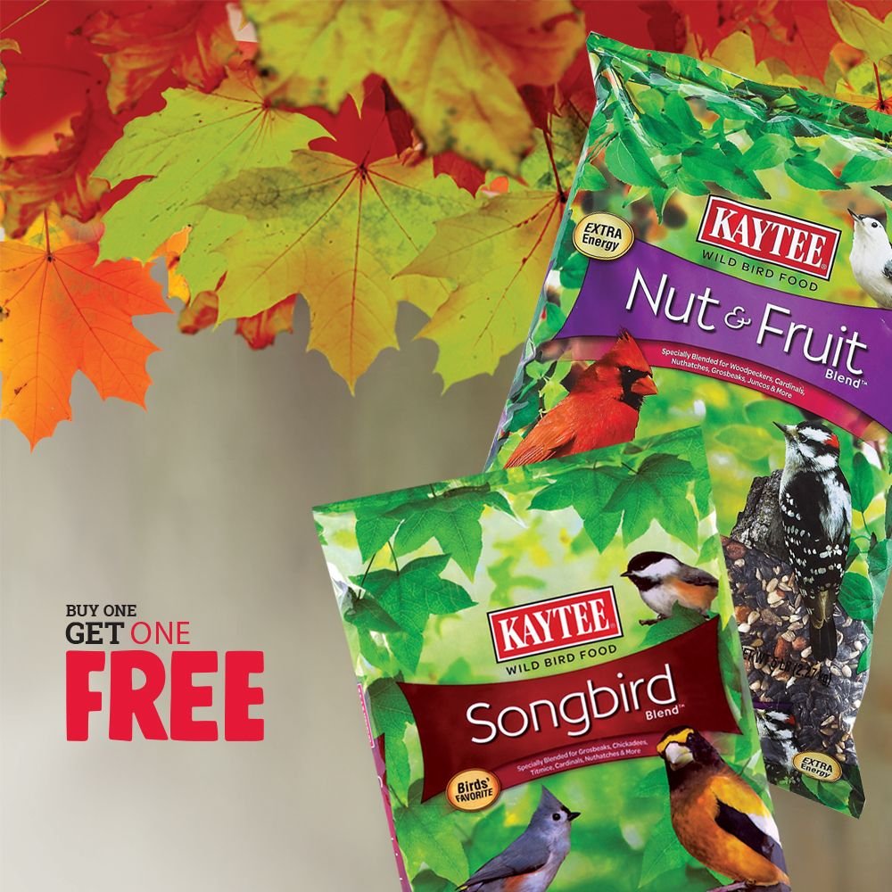 Buy one, get one FREE on select Kaytee Birdseed! Mix &amp; Match on Kaytee Songbird (7lb) or Nut &amp; Fruit (5lb). $12.99 each. Get this great deal thru September 30th.