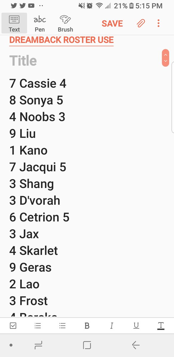 Ego_Sore_high's tweet photo. # of times characters was seen on stream today at #Dreamback #MK11 tournament. Don't mind the numbers in the back of the names, at one point I was keeping track of how many times the dame player used that character on stream. Seems no kollector, shao, kotal, cage & raiden, ETC https://t.co/jFzDozdQn6