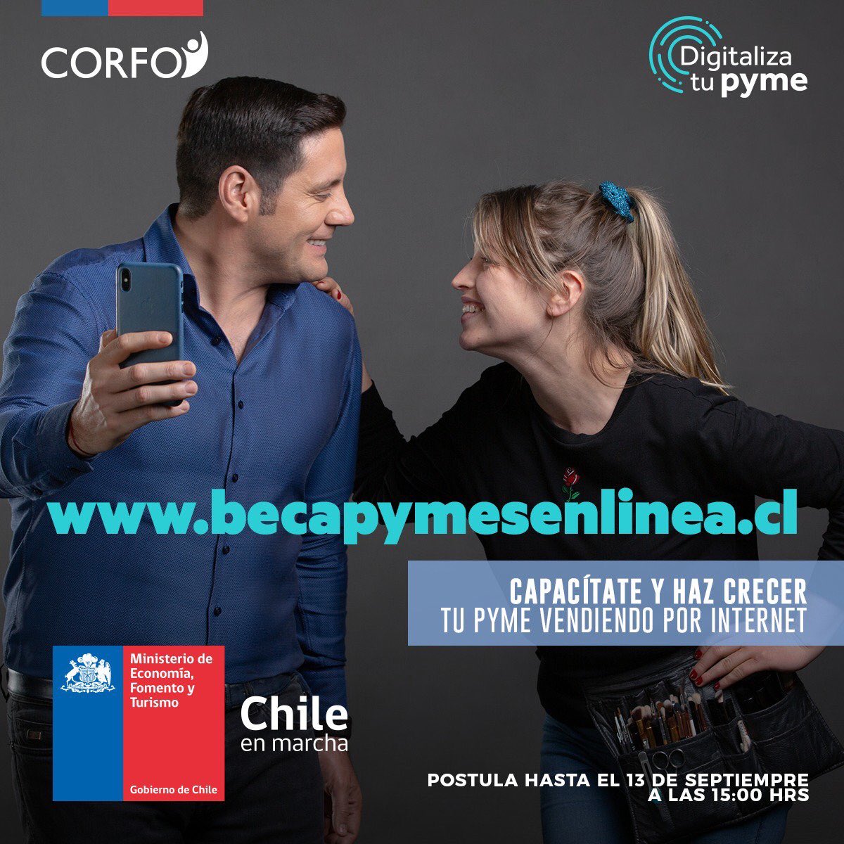 Atención #Atacama!! Quedan pocos días para postular a las #BecaPymesEnLínea de <a href="/Corfo/">Corfo</a> para aprender sobre comercio electrónico, marketing digital y redes sociales para impulsar tu negocio en Internet. Postula en becapymesenlinea.cl hasta el 13 de septiembre a las 15 hrs!