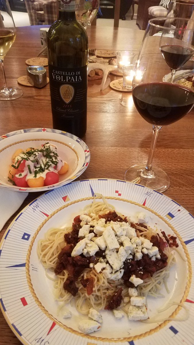 Extremely yummy dinner tonight. Angel hair pasta w sun dried tomatoes and feta cheese, honey yogurt and mint covered melon served with a beautiful @volpaia #chianti