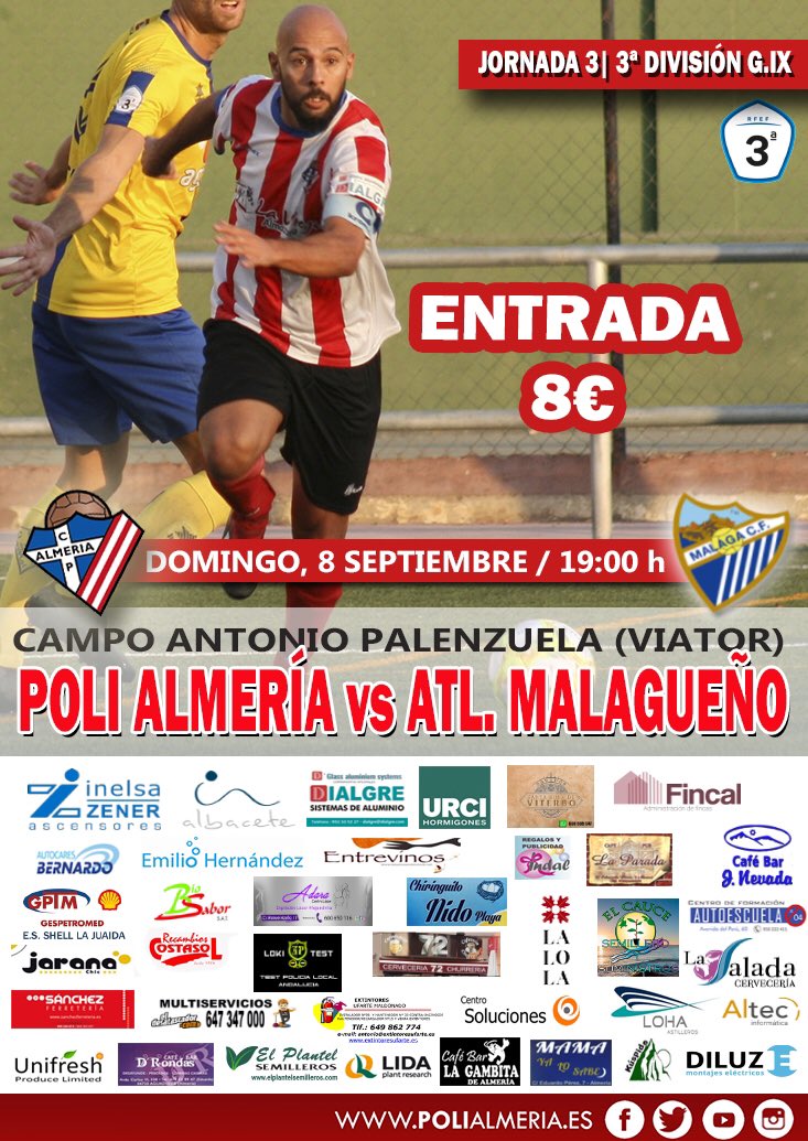 PoliAlmeria's tweet photo. Buenos días! 

⚽️Día de partido

👉🏻Nos visita el Atl.Malagueño, actual lider de la competición. Será un partido dificil, y para ello necesitamos vuestro apoyo

¿Te vienes?

#MushoPoli #TerceraDivision #Futbol #Almeria #UnPlanSinFisuras https://t.co/Baj2JPSvfK