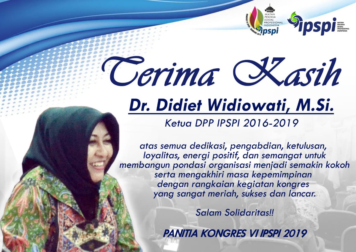Terima kasih Bu Didiet atas semua dedikasi, pengabdian, ketulusan, loyalitas, energi positif dan semangat membangun pondasi <a href="/ipspiofficial/">Independen Pekerja Sosial Profesional Indonesia</a> menjadi semakin kokoh serta mengakhiri masa kepimpinan dengan rangkaian kegiatan kongres yang sangat meriah, sukses dan lancar.