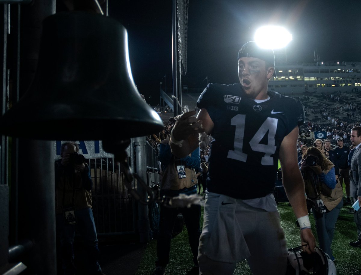 _caitlinnlee's tweet photo. Quarterback @seancliff14 got a little too excited ringing the victory bell and ripped the rope off after Penn State defeated Buffalo 45-13 at Beaver Stadium https://t.co/gyzfhrp6zC