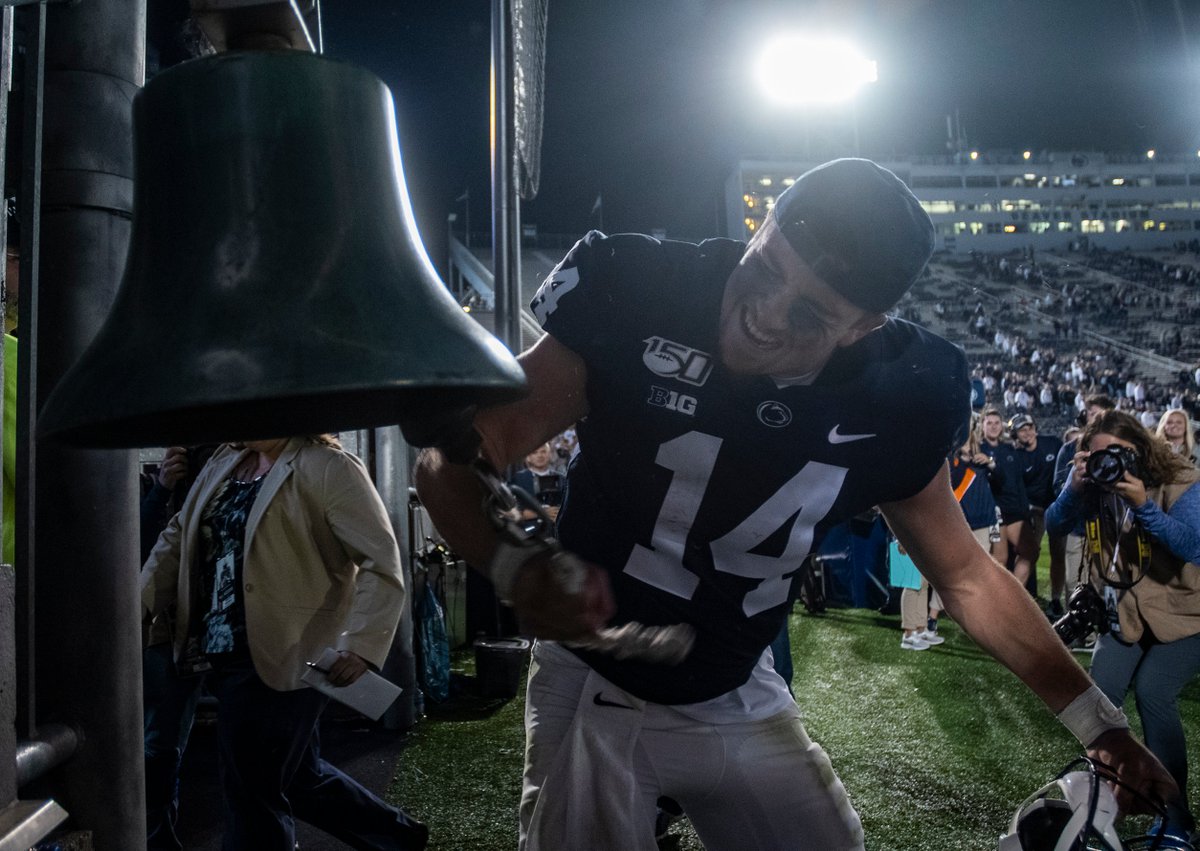 _caitlinnlee's tweet photo. Quarterback @seancliff14 got a little too excited ringing the victory bell and ripped the rope off after Penn State defeated Buffalo 45-13 at Beaver Stadium https://t.co/gyzfhrp6zC