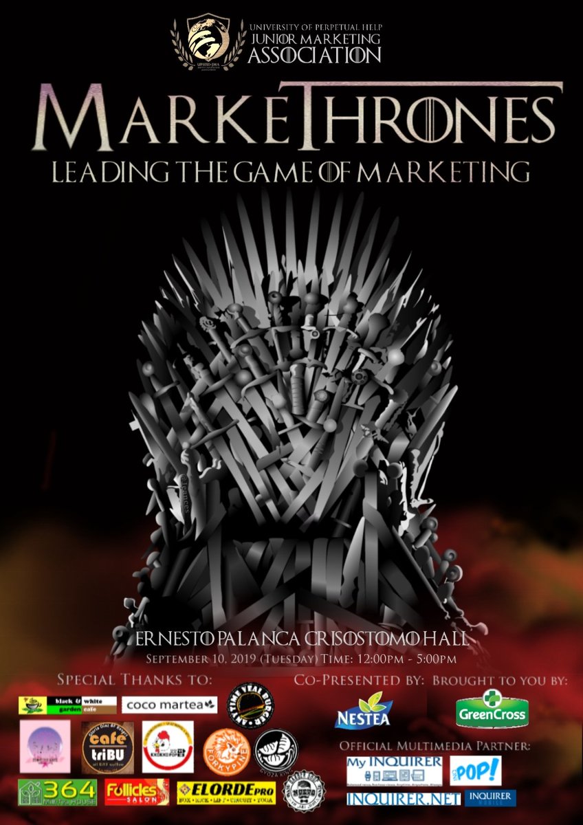 UPHSDJMA's tweet photo. Don't let yourself know nothing! Join us and discover what it takes to be ahead in the Game of Marketing 👑

UPHSD JMA GENERAL ORIENTATION 2019

EPC Hall | Sept 10, 2019
 
*Registration starts at 12nn
*Open to all CBAA students. Excuse letters will be provided

See you there! https://t.co/7iFYoUGfNM