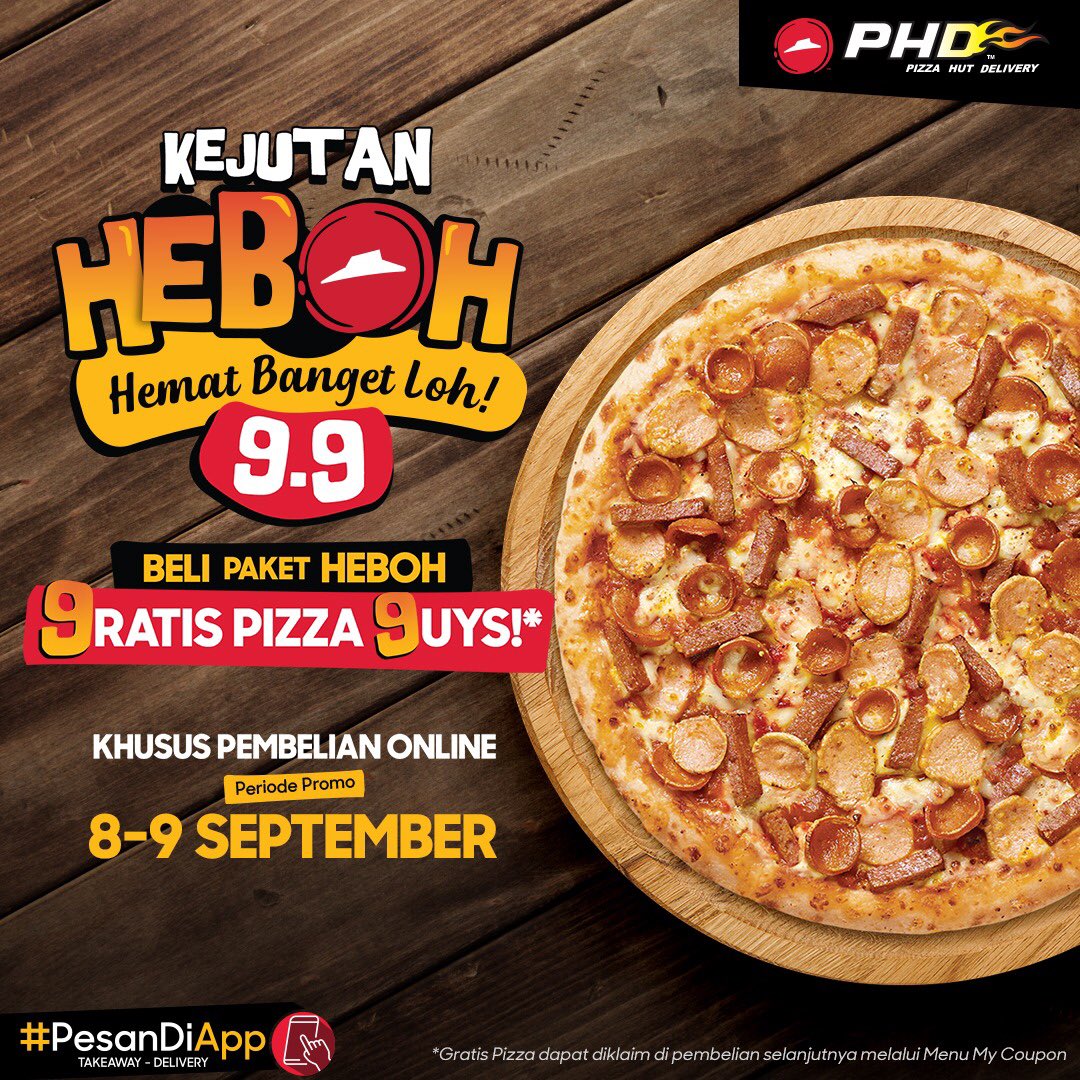phd_id's tweet photo. 9uys, siapa yang mau Pizza 9ratis? 💁🏻‍♂️
Ada Kejutan Heboh 9.9 dari PHD nih! Gratis 1 Original Meaty Pizza tiap beli Paket HEBOH Berdua atau HEBOH Berenam! Buruan langsung #PesandiApp sekarang yuk! #SenengnyadiPHDin https://t.co/GKcj74AXXE