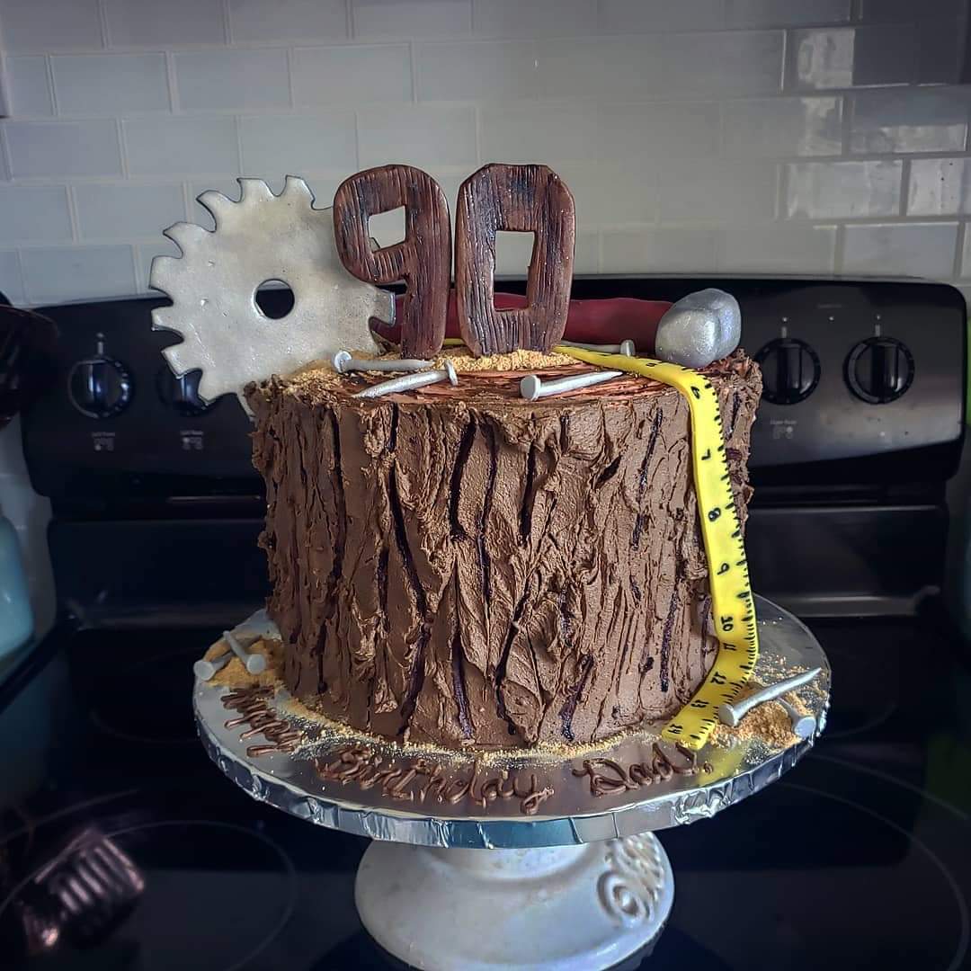 DelishDesignYYC's tweet photo. A 90th birthday cake in honor of a man who has spent his life working with his hands!  Happy Birthday Mr. Huber! ♥️ #buttercream #90thbirthday #carpentercake #fondantaccents #lifewelllived #birthdaycake #treestumpcake #yyc #supportlocal #delishdesigns https://t.co/NNMRYT6zAs