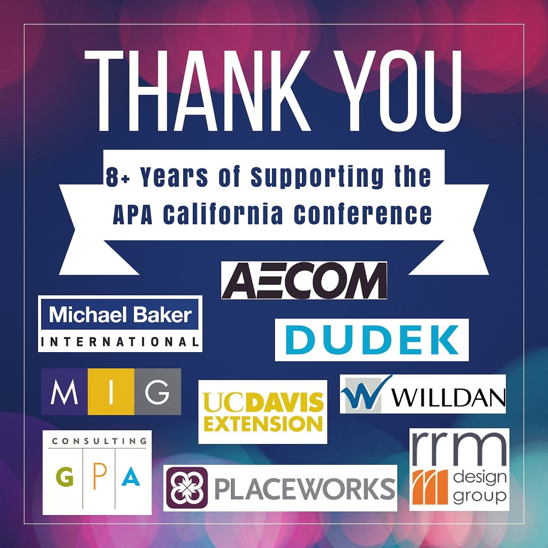 APACAConf's tweet photo. A special shout out to our sponsors who have supported the APA California Conference for 8+ years!
Thank you @AECOM, @Dudek, @GPAConsulting, @MBakerIntl , @MIG_News, @Placeworks, @rrmdesigngroup, @ucdavis and @Willdan!
#thankyoujames #APACA2019 #APACAconf https://t.co/ZFESnPjdyI