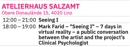 seeing_i_'s tweet photo. Today @ 6pm - a public conversation between Mark and the project's clinical psychologist Dr. Tamara Russell. Join us for an interesting discussion here in Atelierhaus Salzamt... https://t.co/I9j0OkAIHq