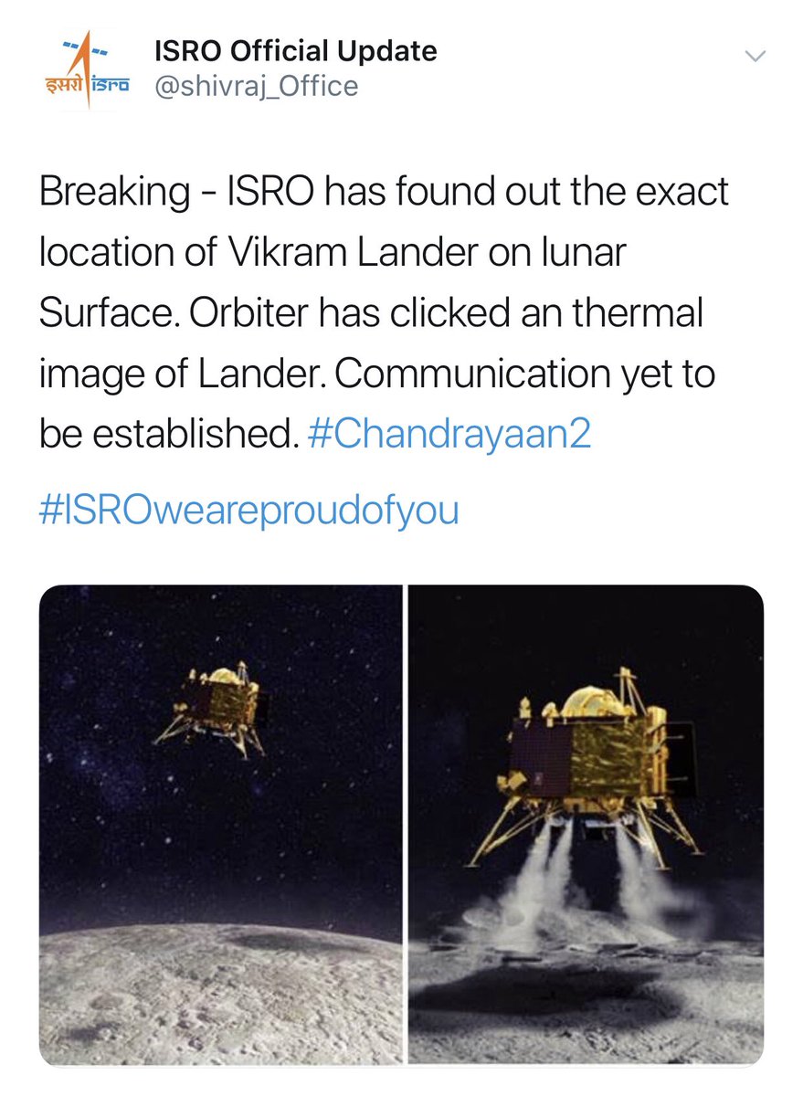 ali_shroff's tweet image. #VikramLanderFound 
#Chandrayaan2 
#Chandrayaan2Landing #Chandrayaan2theMoon #IndiaLandsOnMoon #vikramPragyanLandsMoon #VikramLander
#ISRO
#ProudIndian
