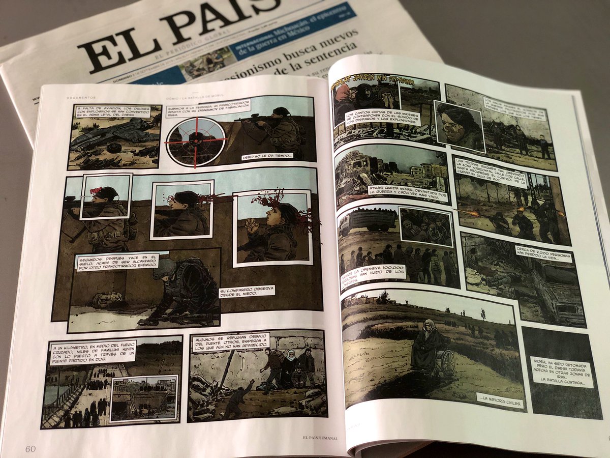 JonSedano's tweet photo. “La batalla de Mosul” se disfruta en dos formatos: papel y digital. Un #cómic periodístico que hemos publicado en las páginas de @elpaissemanal con una versión animada en la web (https://t.co/XNgEGaKxl1) https://t.co/AwZ9CGNnG7