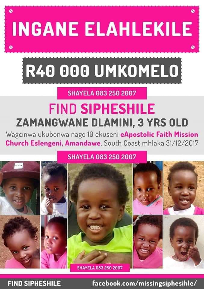 WhereAreThey_SA's tweet photo. MISSING CHILD COLD CASE 3 year old Siphesihle Zamangwane Dlamini was taken in South Coast of Durban on 31st of December 2018. 

If you have any information please contact Umzinto Police Station or PI Brad Nathanson on 083 250 2007. #WhereAreTheySA #MissingPerson #MissingChild https://t.co/DI2KqeQaA7