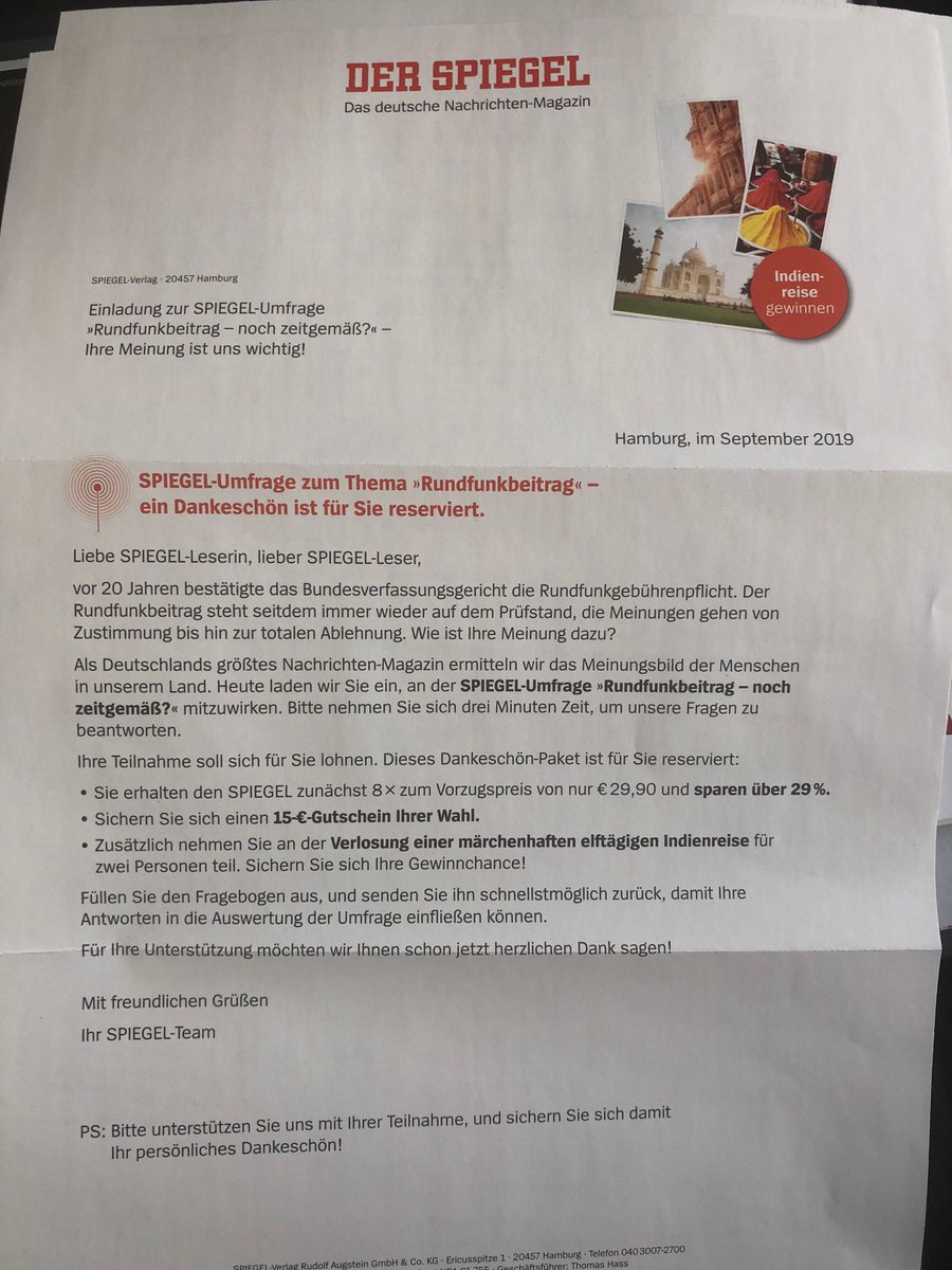 Der #SPIEGEL hat seiner neuesten Ausgabe eine Umfrage zum #Rundfunkbeitrag beigefügt. Da heißt es: „Das Bundesverfassungsgericht hat vor 20 Jahren die Rundfunkgebührenpflicht bestätigt.  ..... Wie ist Ihre Meinung dazu?“ Die sind wirklich auf der Höhe der Zeit. Peinlich!!