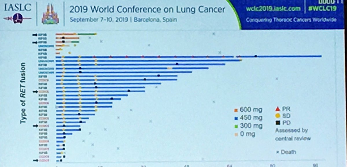 Alectinib (450 mg BUD) in 25 Japanese RET TKI naive, ORR of 4%, PFS 3.4 mo and OS 19 mo. Efficacy independent of RET fusion partner. Lower RR related to dose? Why do you should use unselective RET TKI when selective RET TKI (BLU667 and LOXO292) reported RR ~65% and icRR #WCLC2019