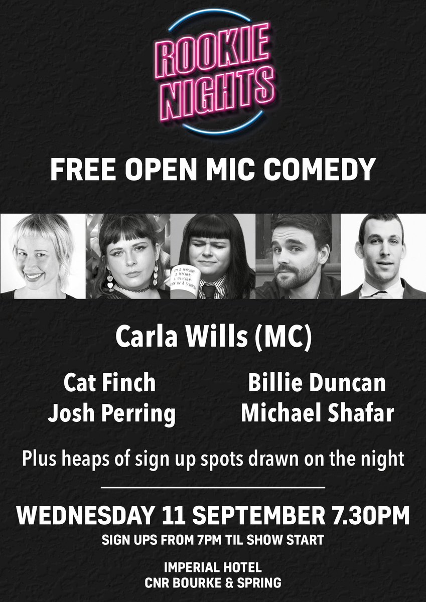 This week!!

Join your host Carla Wills for another great night of open mic comedy at <a href="/The_Impy/">Bourke St Imperial</a>!

Featuring:
@catrf_
Billie Duncan
<a href="/joshperring/">Josh Perring</a>
<a href="/michaelshafar/">Michael Shafar</a>
<a href="/RolandoHoffmann/">It's ..........Roland Hoffmann's account.</a>
<a href="/randyadeva/">Randy Adeva</a>

AND PROBABLY YOU!

Sign ups from ~7.00pm
Starts 7.30pm