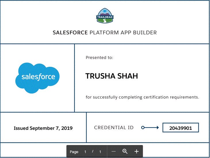trusha82's tweet image. Happy to achieve my second certification!! #trailhead #platformappbuilder #trailblazercommunity