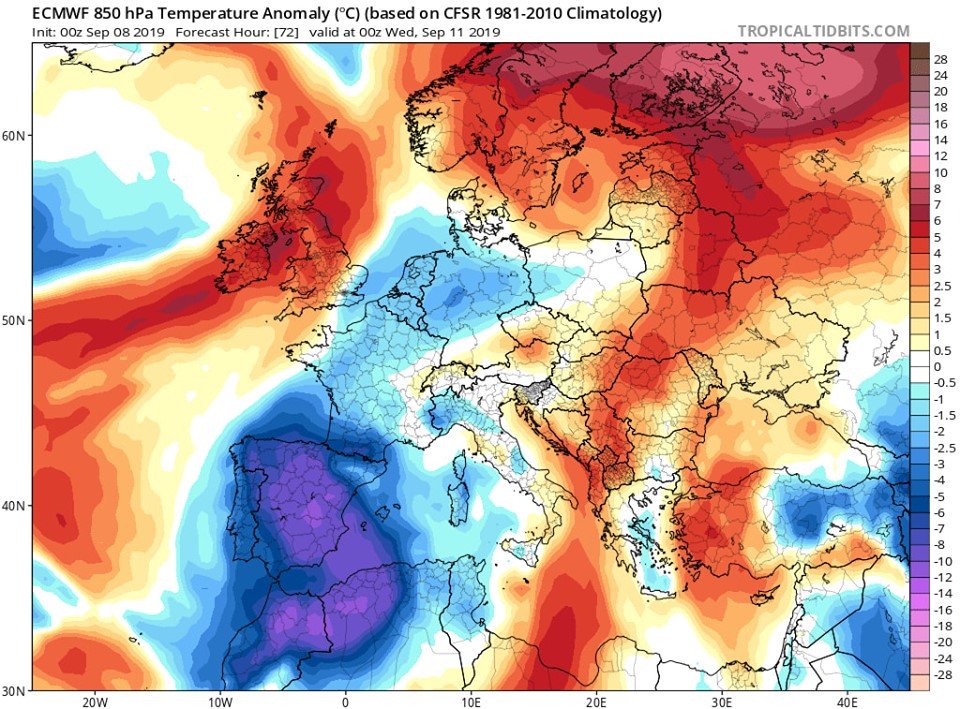 Mapa con la anomalía de la temperatura a 1500 m respecto al promedio prevista para el miércoles